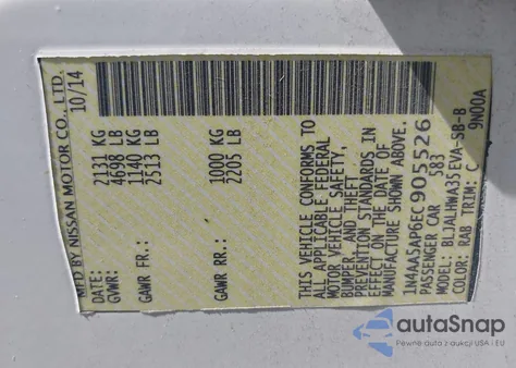 2014 Nissan Maxima 3.5 Sv z USA, uszkodzony, nr VIN 1N4AA5AP6EC905526